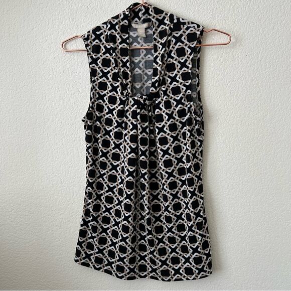 Banana Republic Twist Neck Sleeveless Tank Top black tan white geometric print - Picture 1 of 4